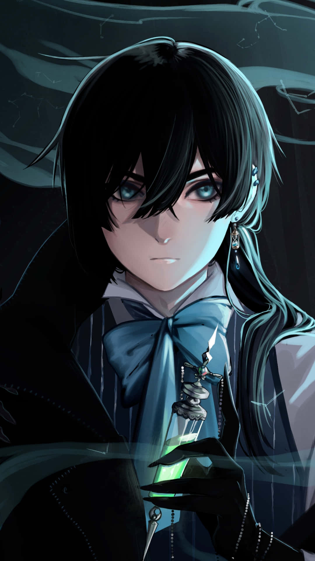 Mysterious Anime Boywith Black Hairand Green Elixir Background