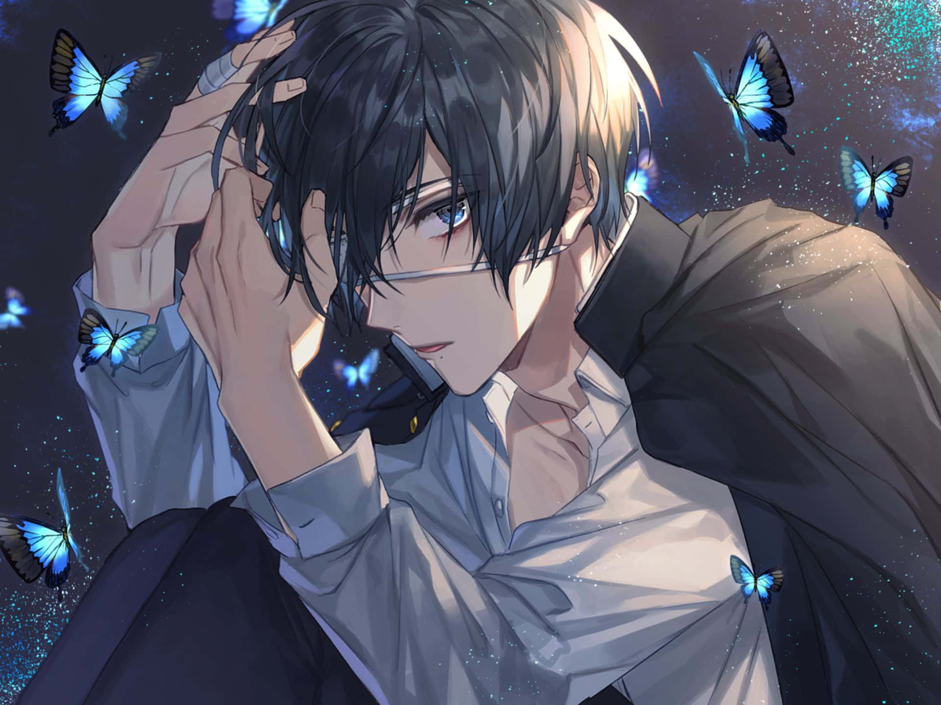 Mysterious Anime Boywith Butterflies Background