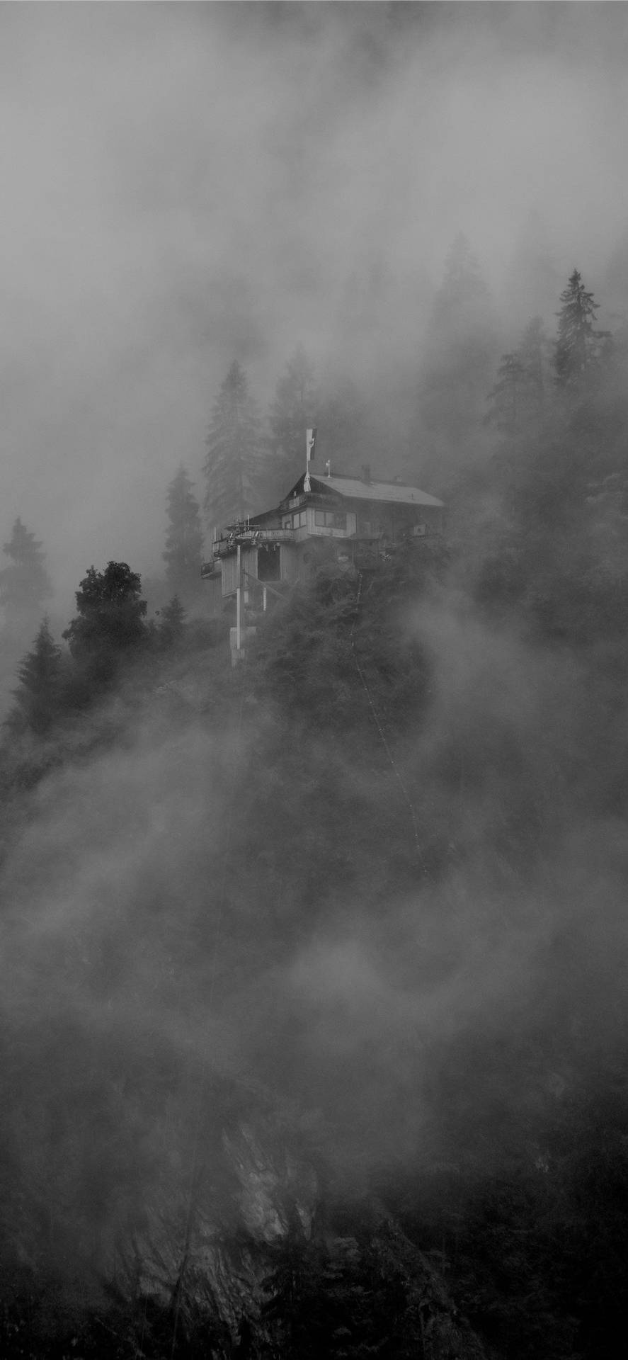 Mysterious Cliff House In Black And White