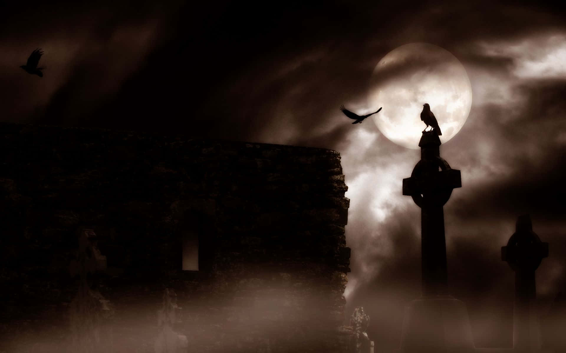 Mysterious Dark Gothic Castle On A Moonlit Night Background
