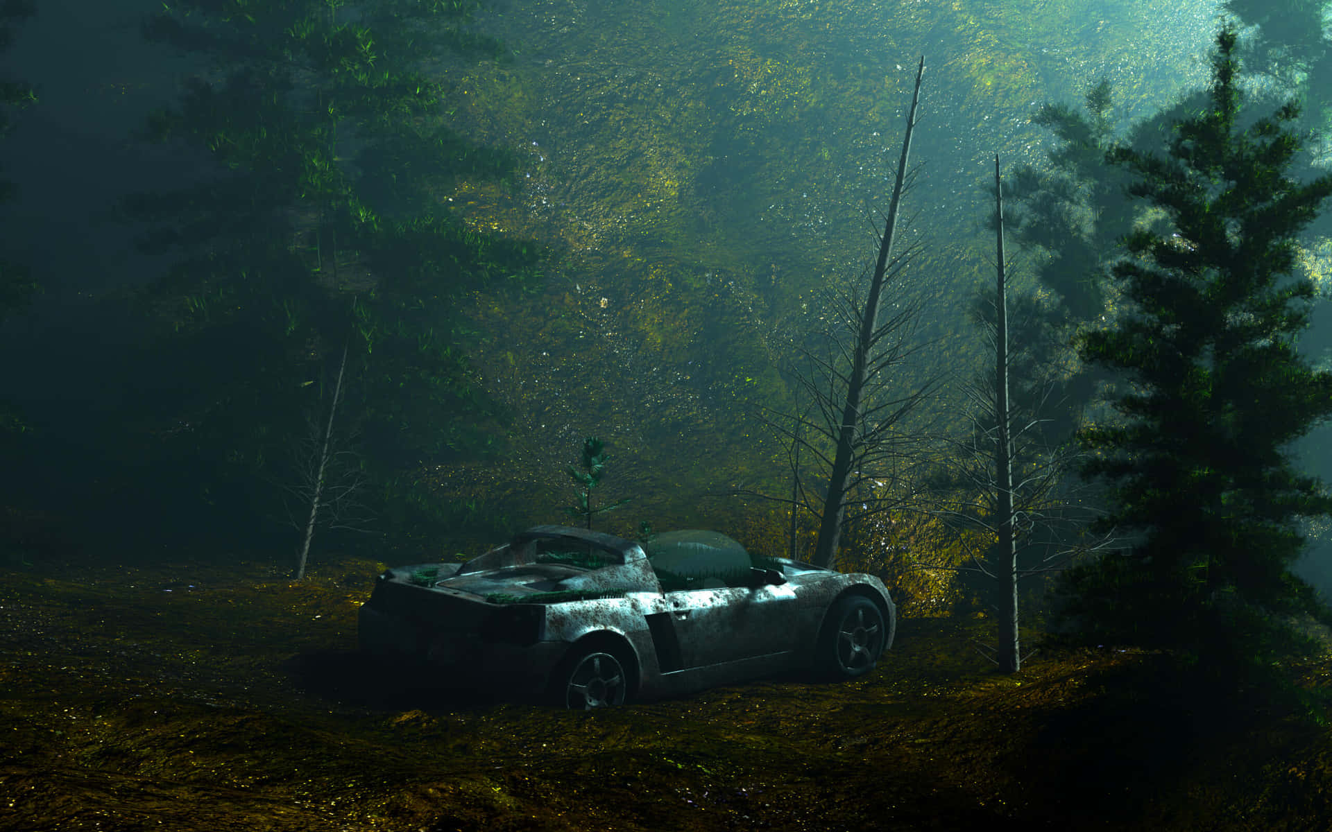 Mysterious Forest Car Wreck Background