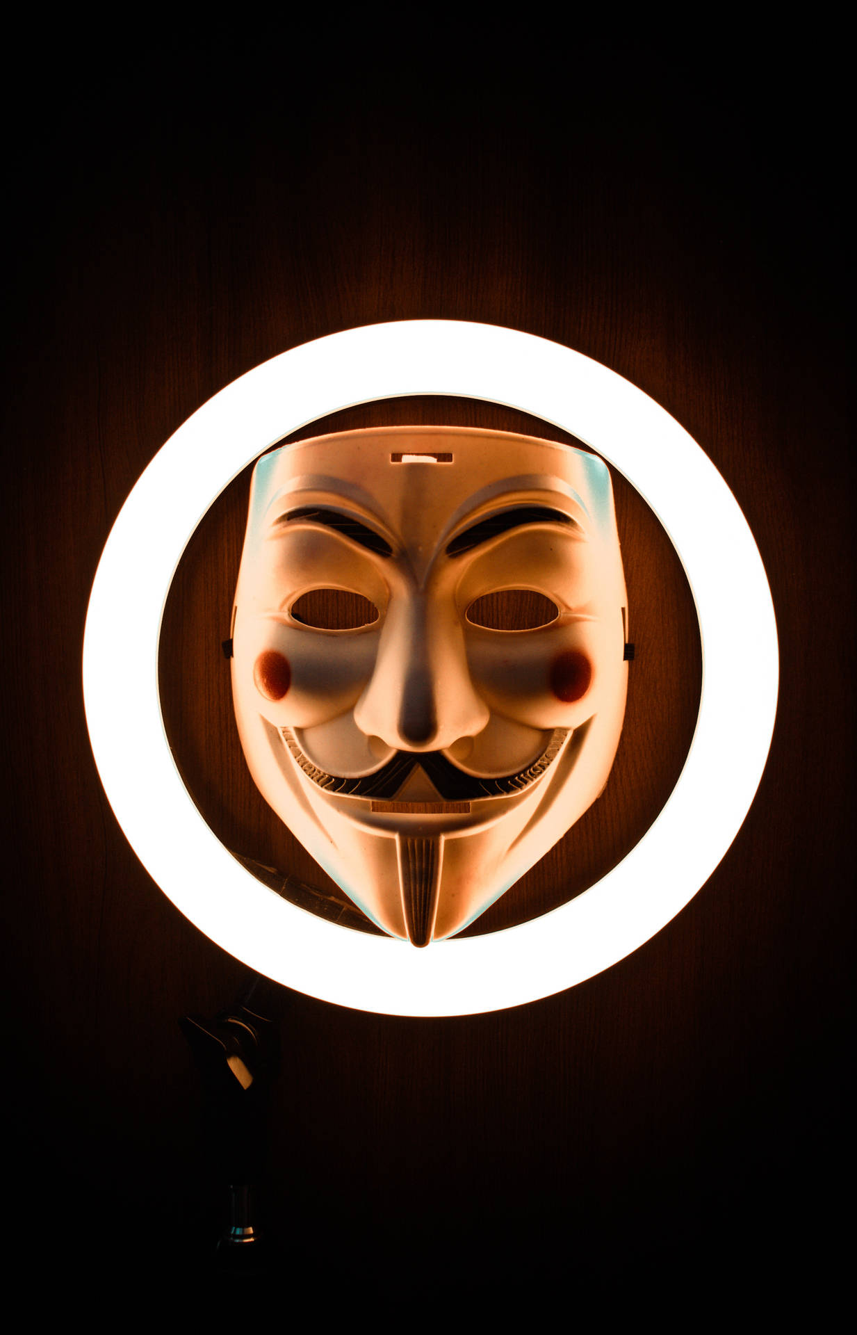 Mysterious Hacker In Mask Illuminated By Ring Light Background