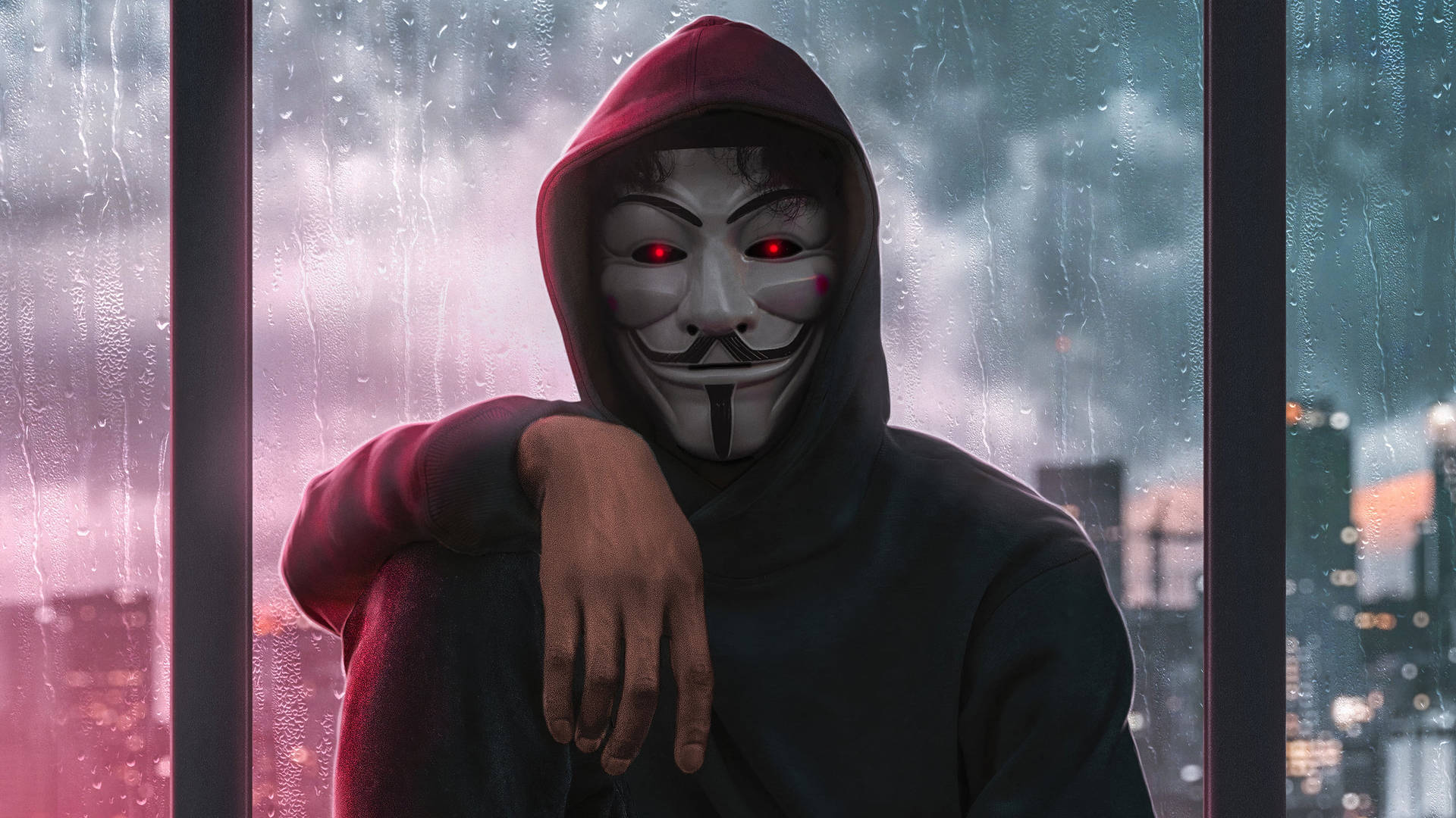 Mysterious Hacker In Mask – Unveiling Cyber Secrets During Rainy Night Background