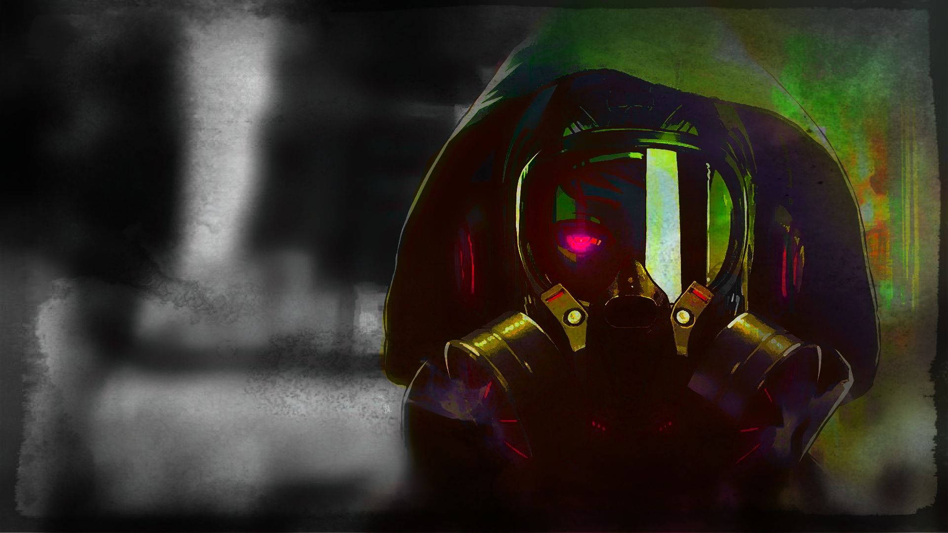 Mysterious Man In Gas Mask And Hoodie Background