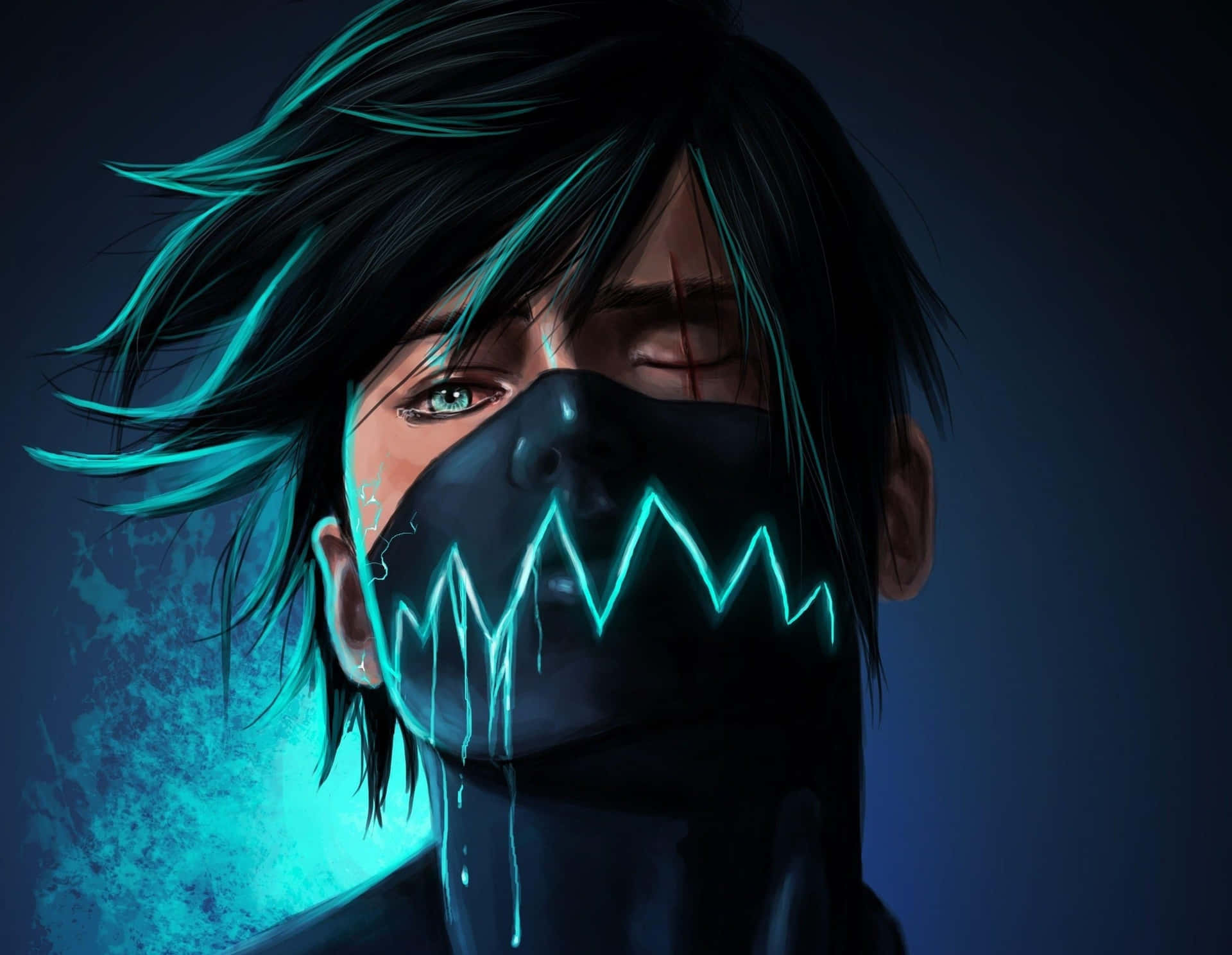 Mysterious Masked Boy In Dark Blue Aura Background