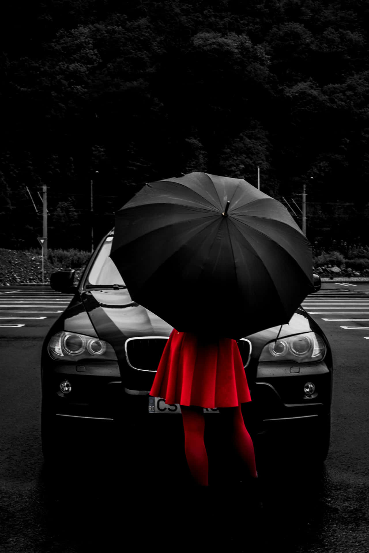 Mysterious Red Scarf Under Umbrella