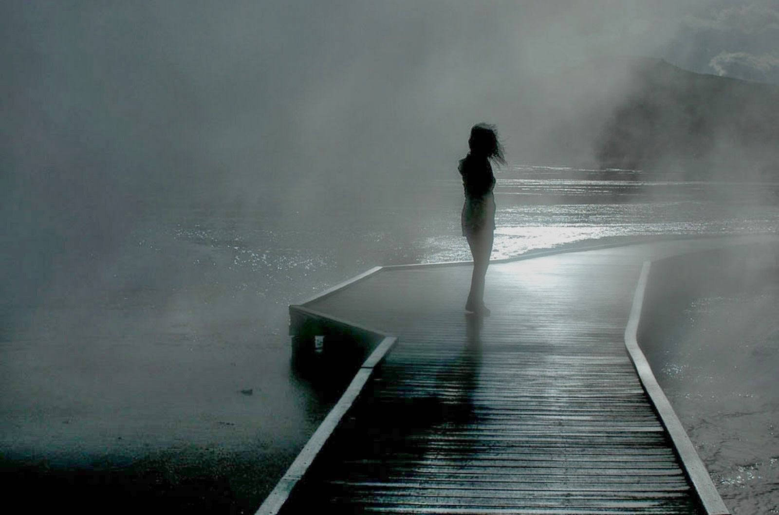 Mysterious Sad Girl In The Fog Background