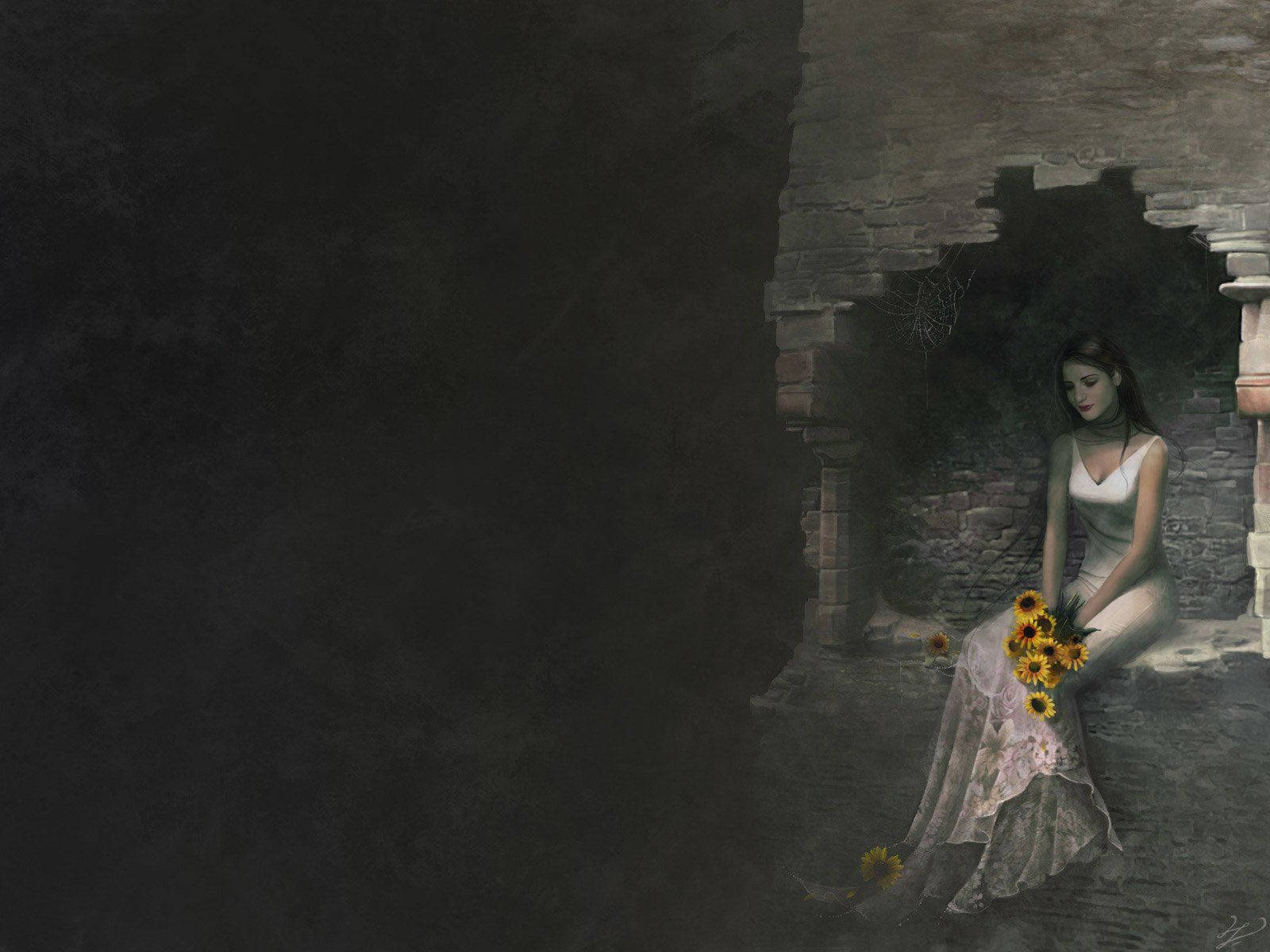 Mystery Woman In White Holding Sunflowers