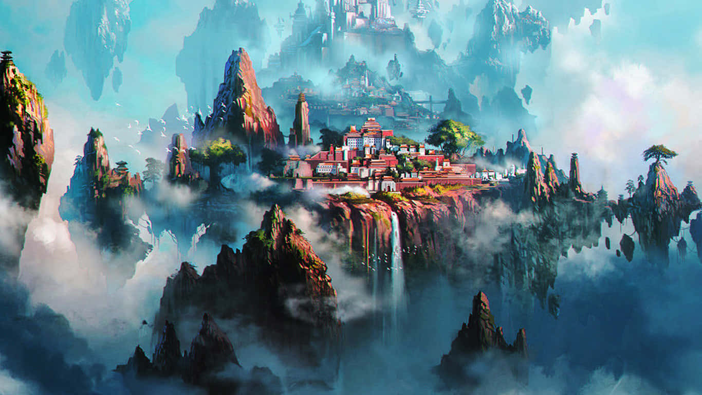 Mystical Cliffside Cityscape Background