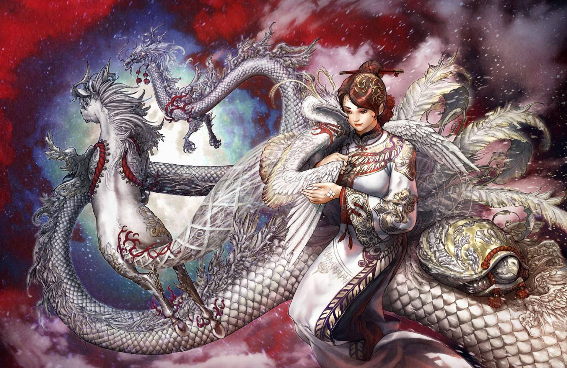 Mystical Eastern Dragon Guarding A Chinese Maiden Background