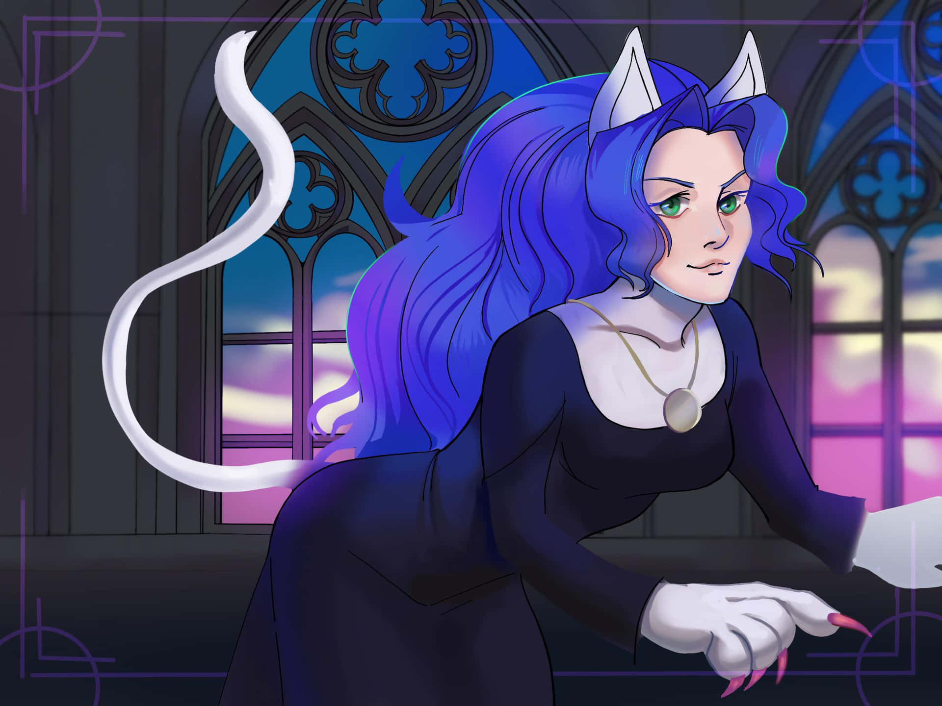 Mystical_ Feline_ Figure_ Stained_ Glass_ Background Background