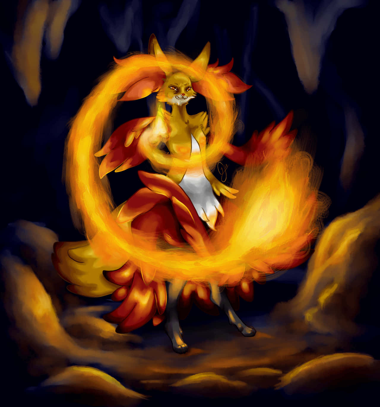 Mystical_ Fire_ Fox_ Delphox_ Art Background