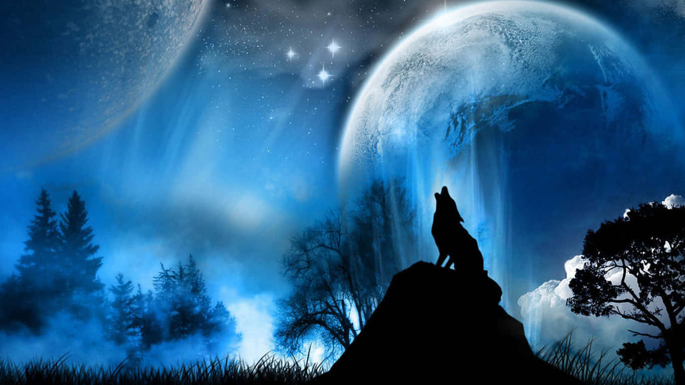 Mystical Forest With Howling Wolf Background