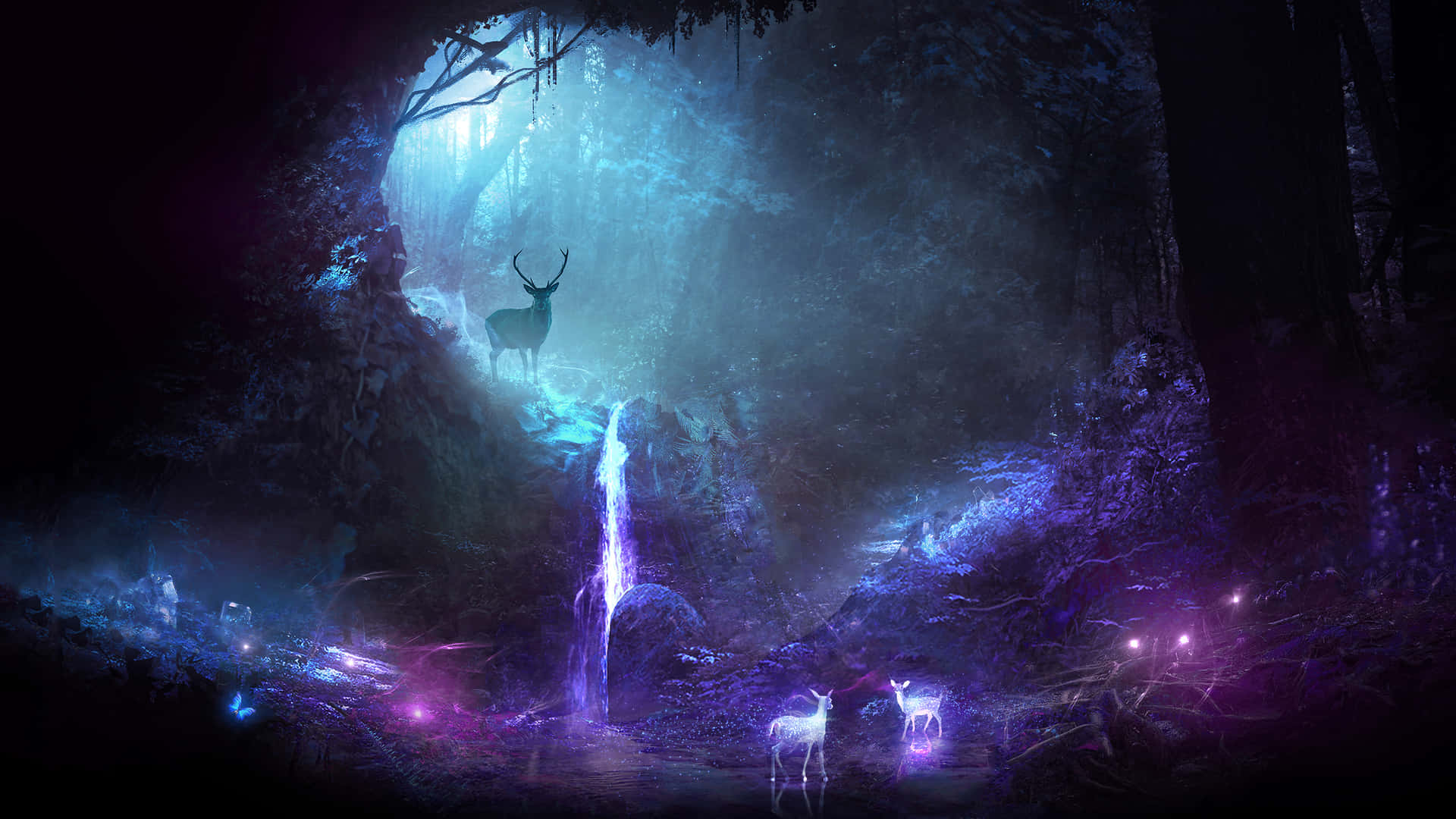 Mystical Forest With Purple Deer Background