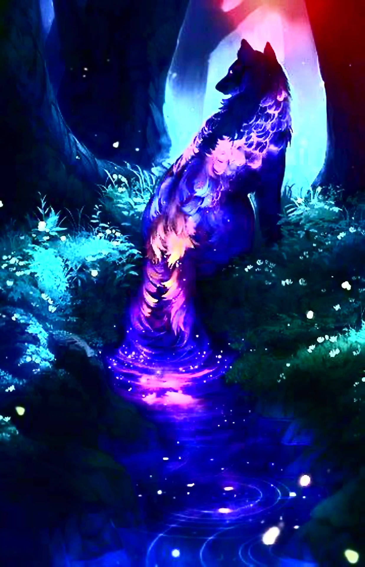Mystical Galaxy Wolf In Forest Background