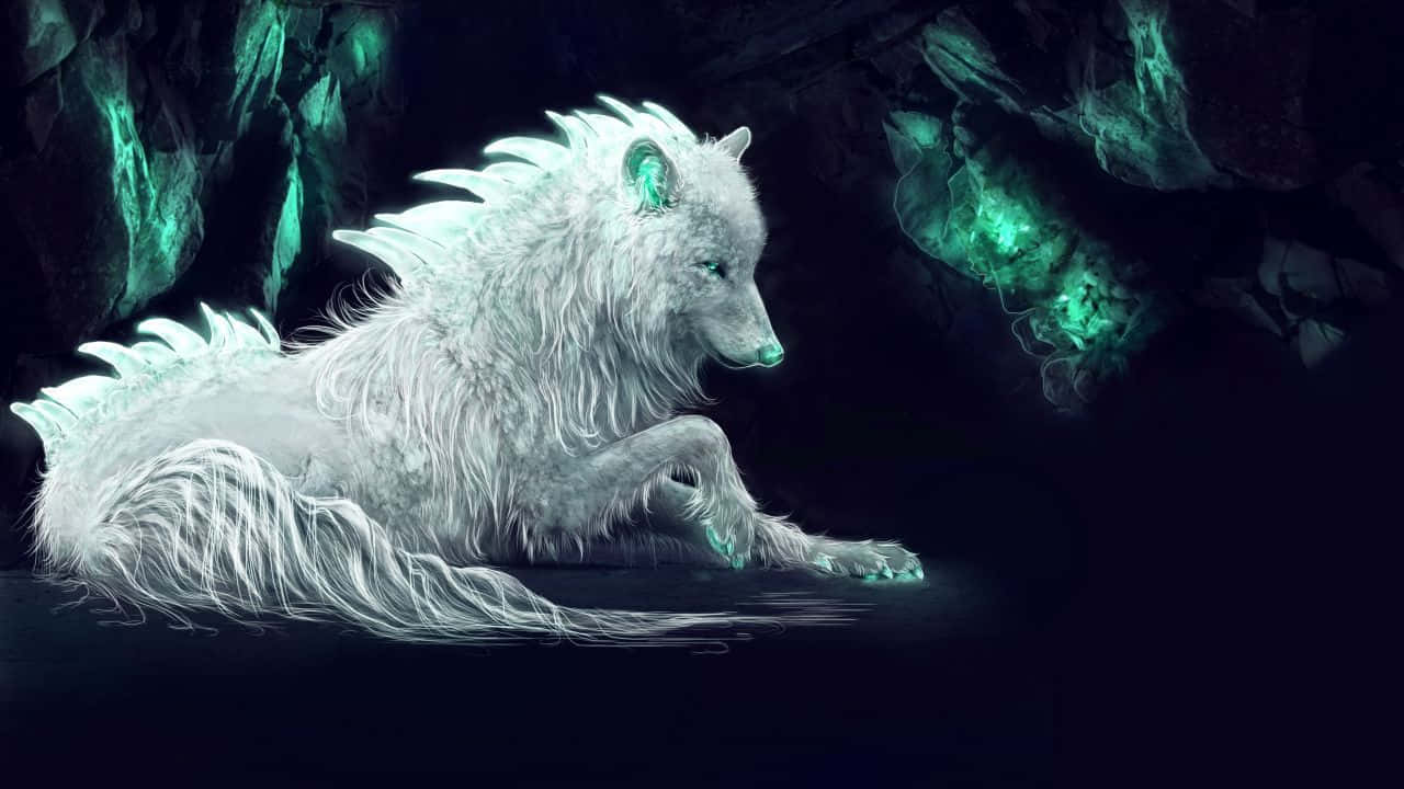 Mystical_ Glowing_ Spirit_ Wolf_ Cave Background