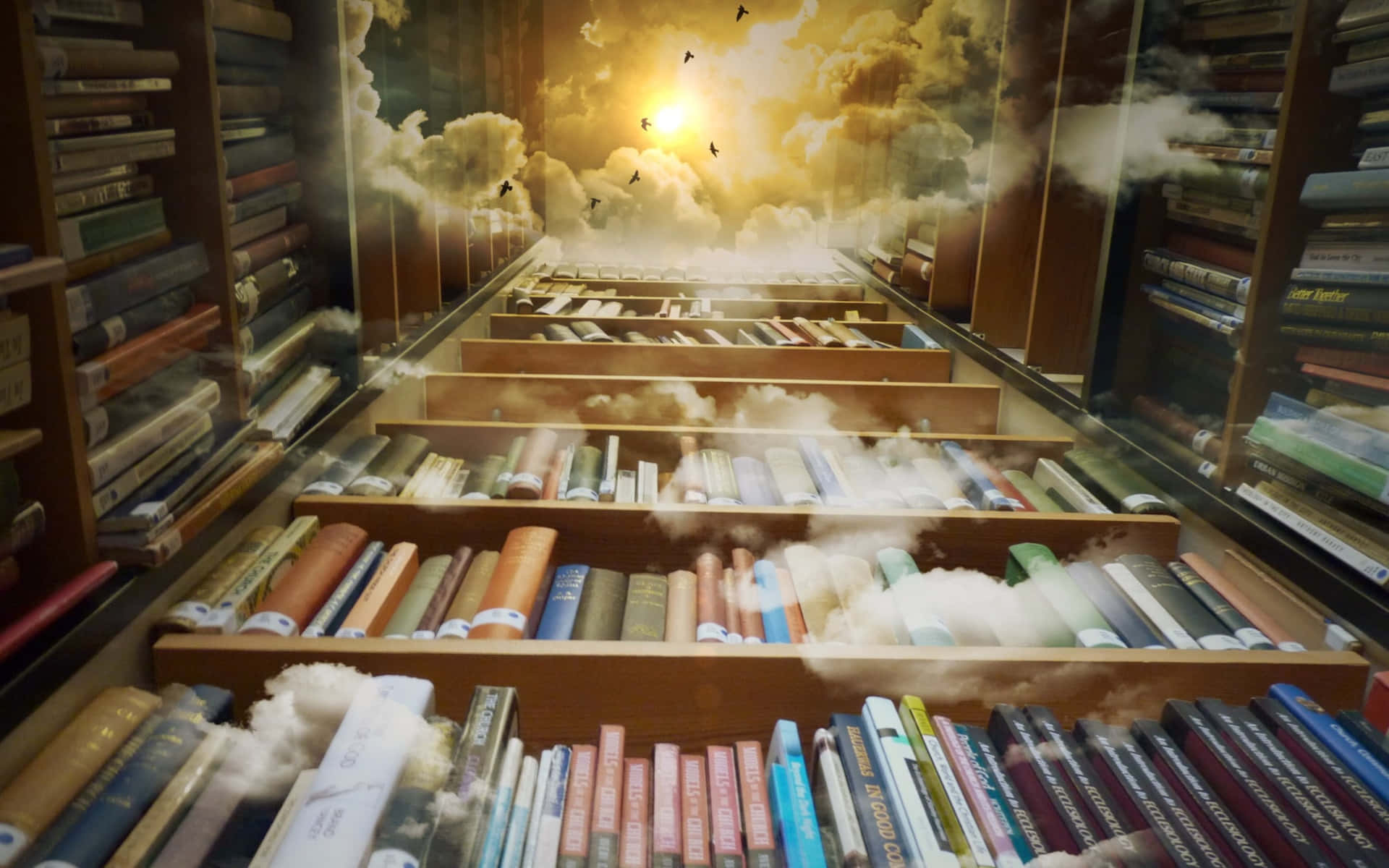 Mystical Library With Clouds Background