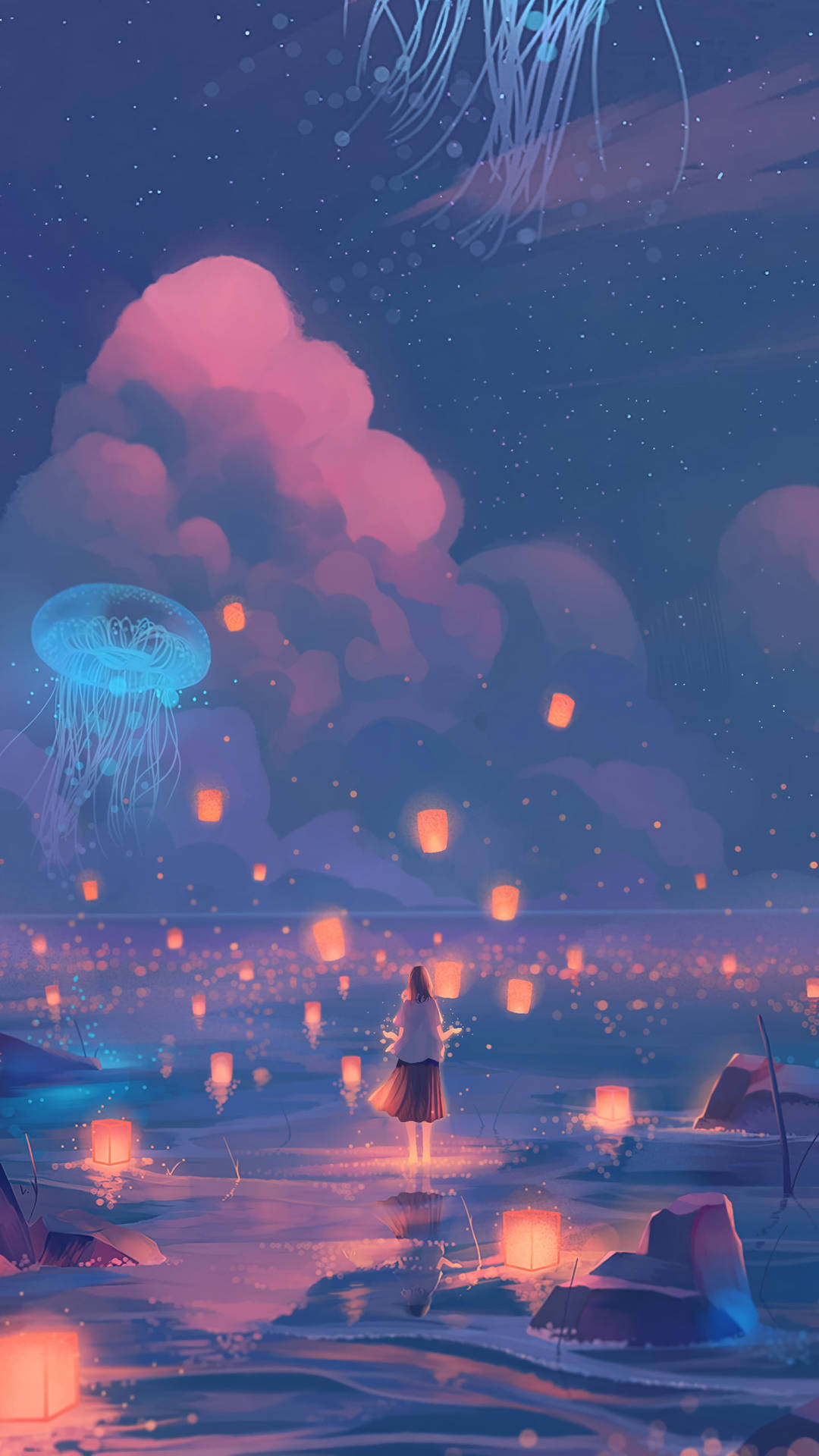 Mystical Marine Artwork - Glowing Lanterns As Jellyfish Background