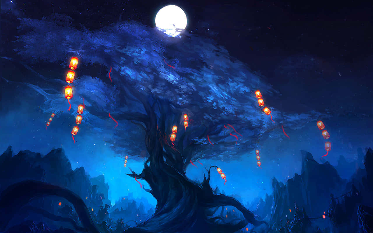 Mystical Tree With Lanterns Background