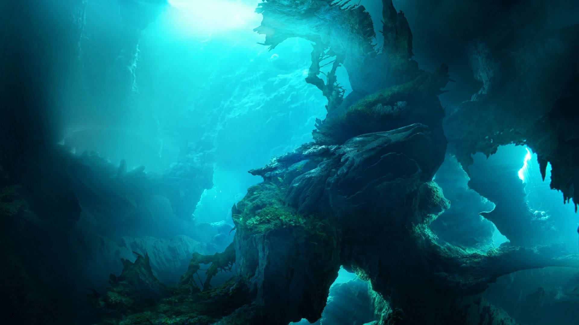 Mystical Underwater Cave Exploration Background