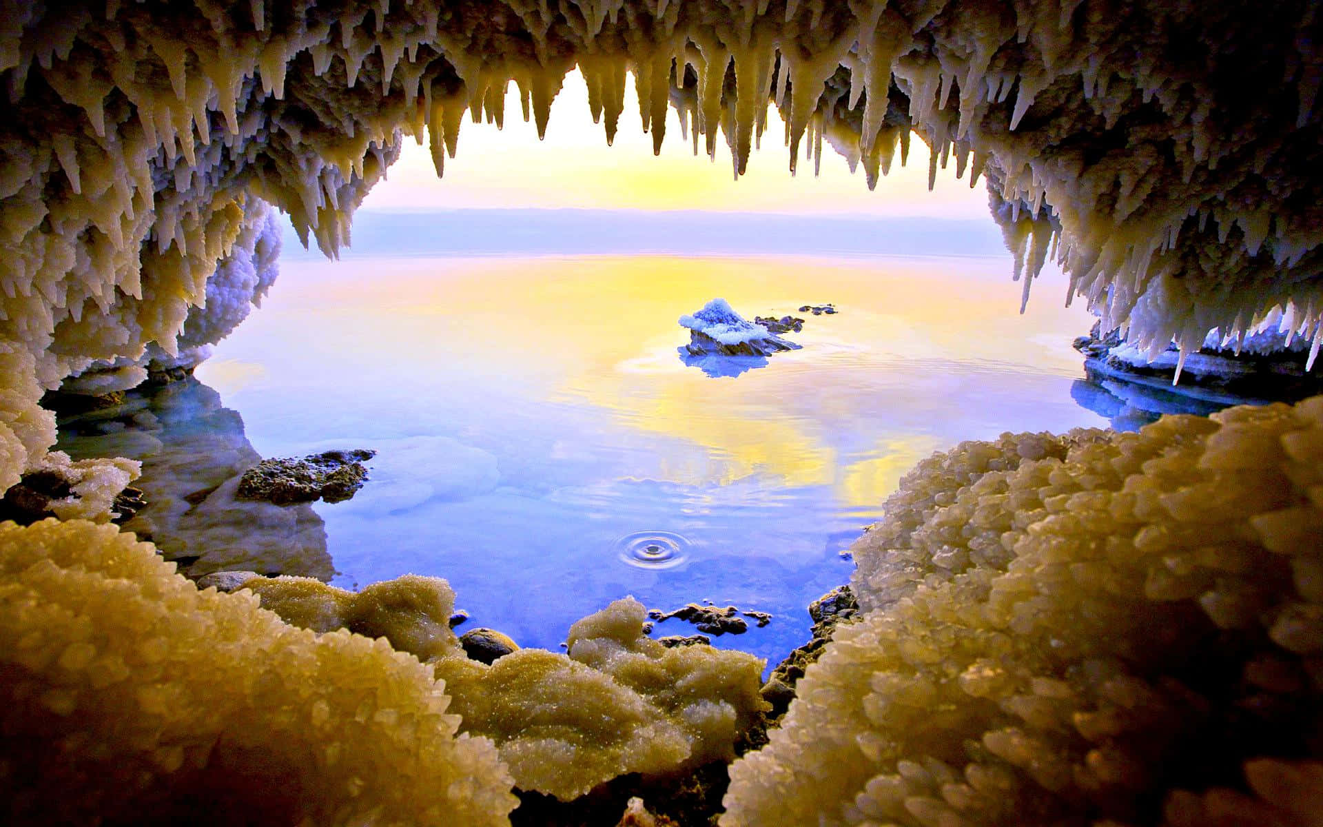 Mystical Views Inside A Stalactite Salt Cave In Dead Sea. Background