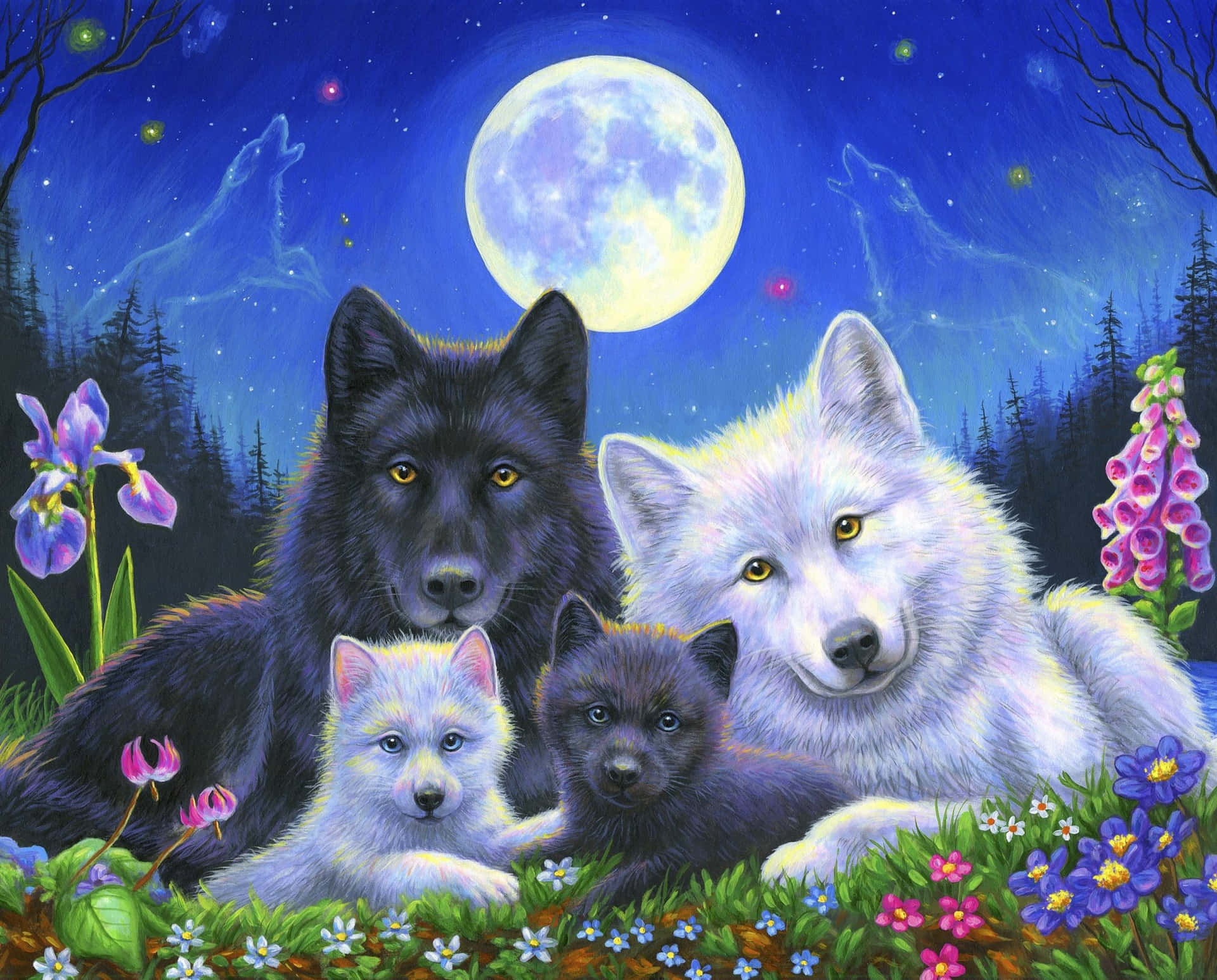 Mystical Wolf Family Moonlight Background