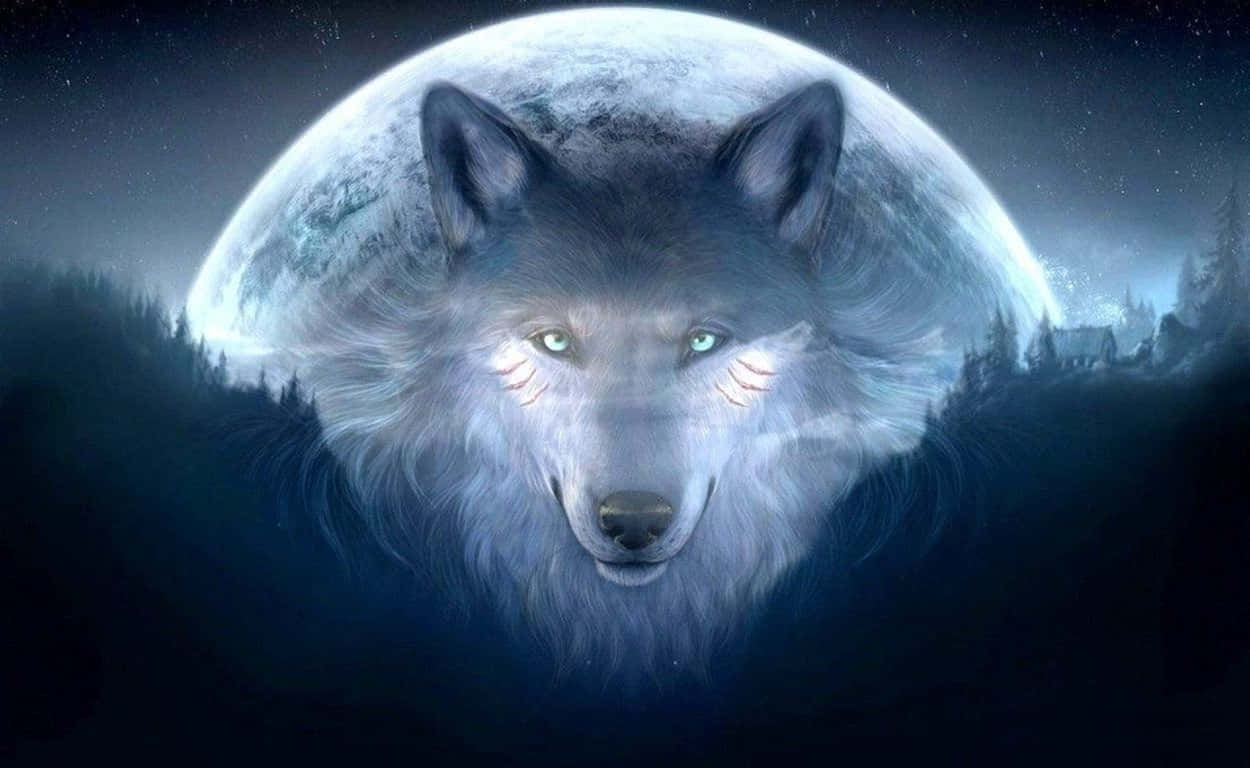 Mystical Wolf In Full Moon Background