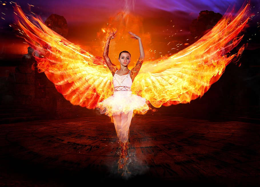 Mystical Woman With Fire Wings Background