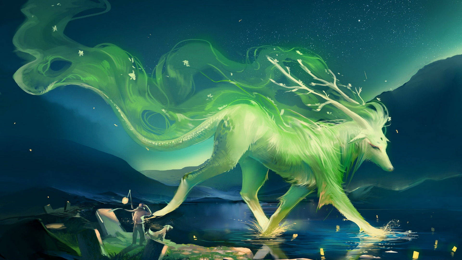 Mythical Creature Green White Wolf Background