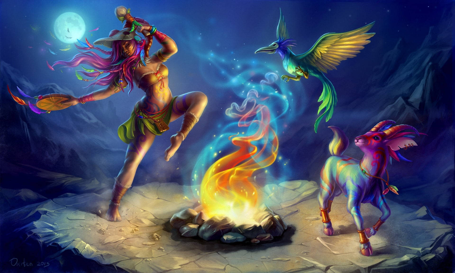 Mythical Creatures Dancing With Fire Art Background