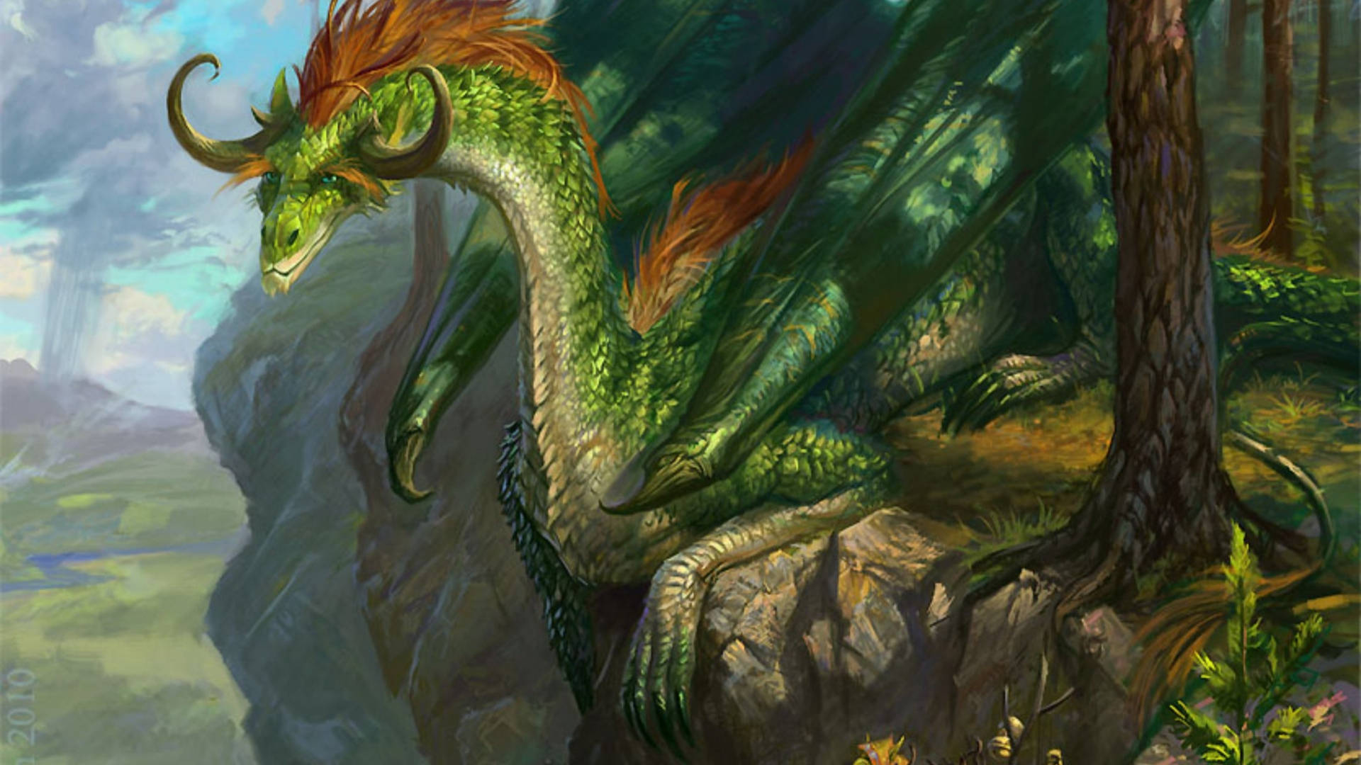 Mythical Green Dragon On Cliff Background