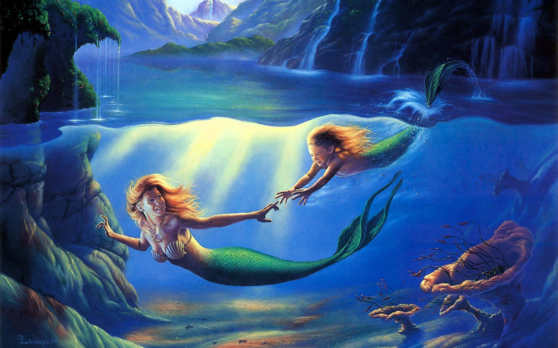 Mythical Mermaid Tails Swimming In Mystic Ocean Background