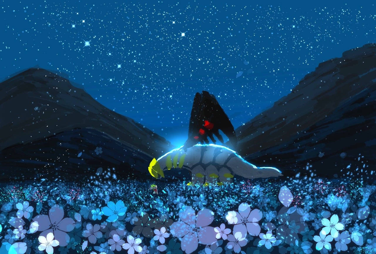 Mythological Creature Giratina Glowing In The Night Sky Background