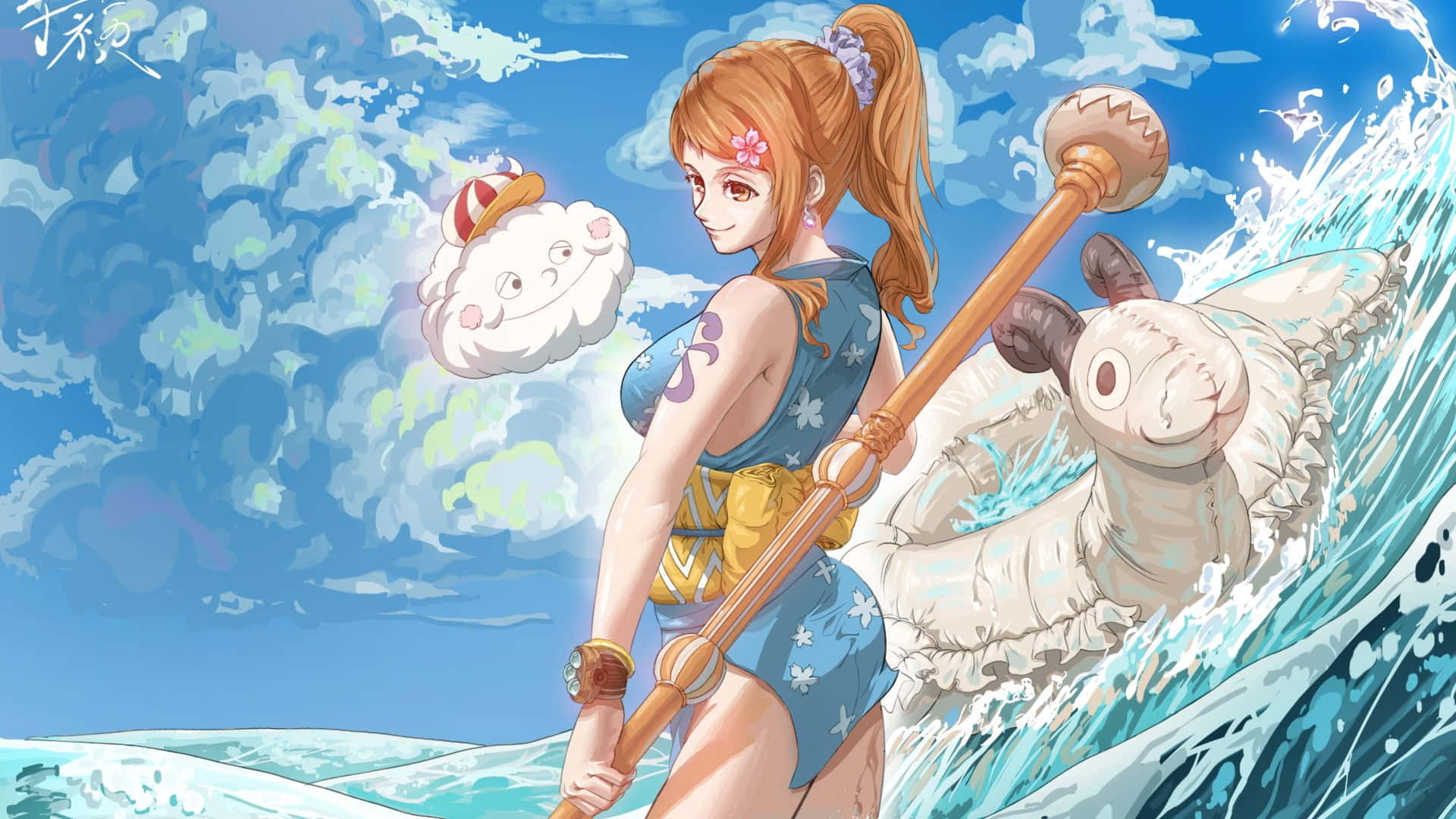 Nami One Piece With Zeus And Merry Background