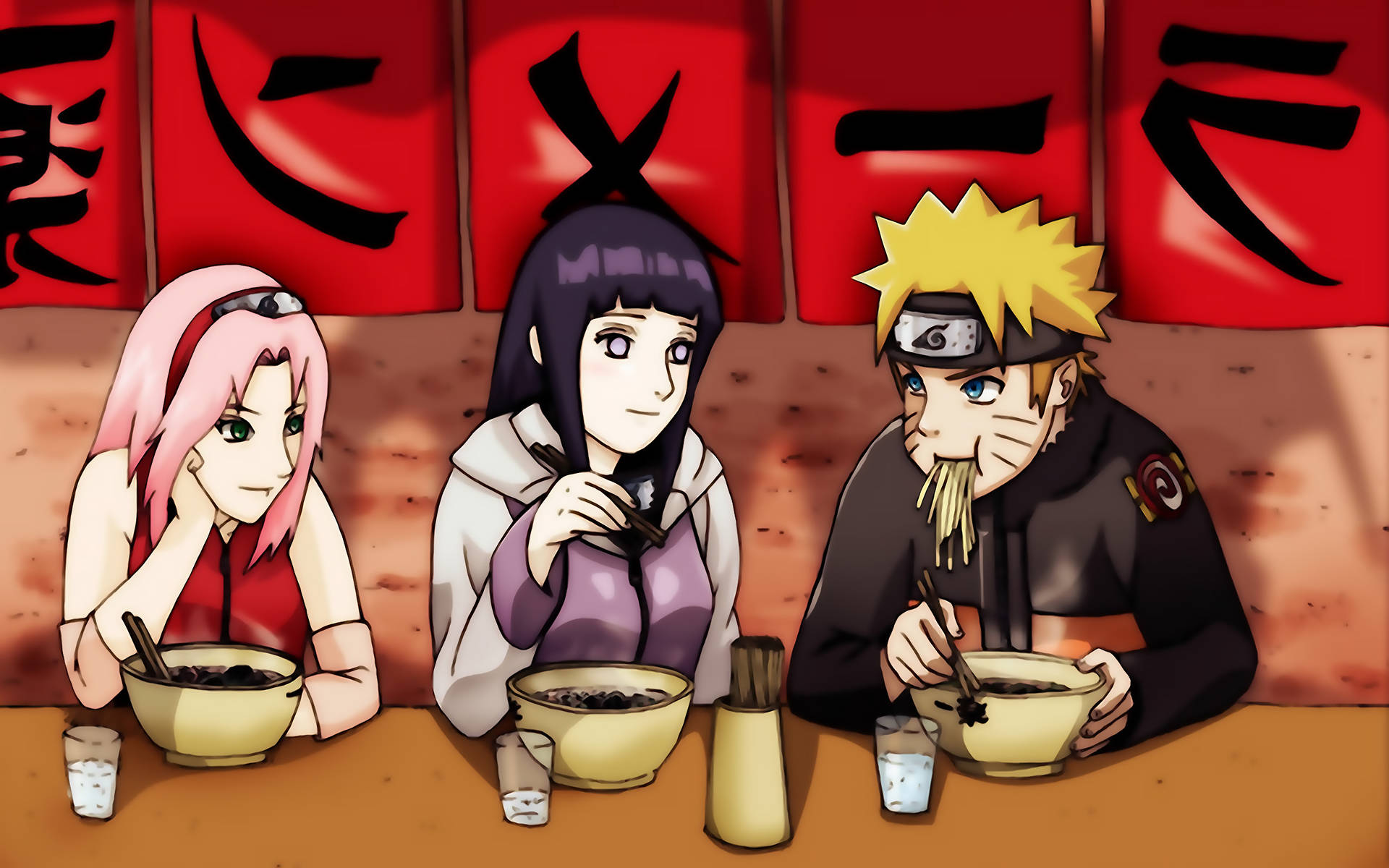 Naruto And Hinata With Sakura Eating Ramen Background