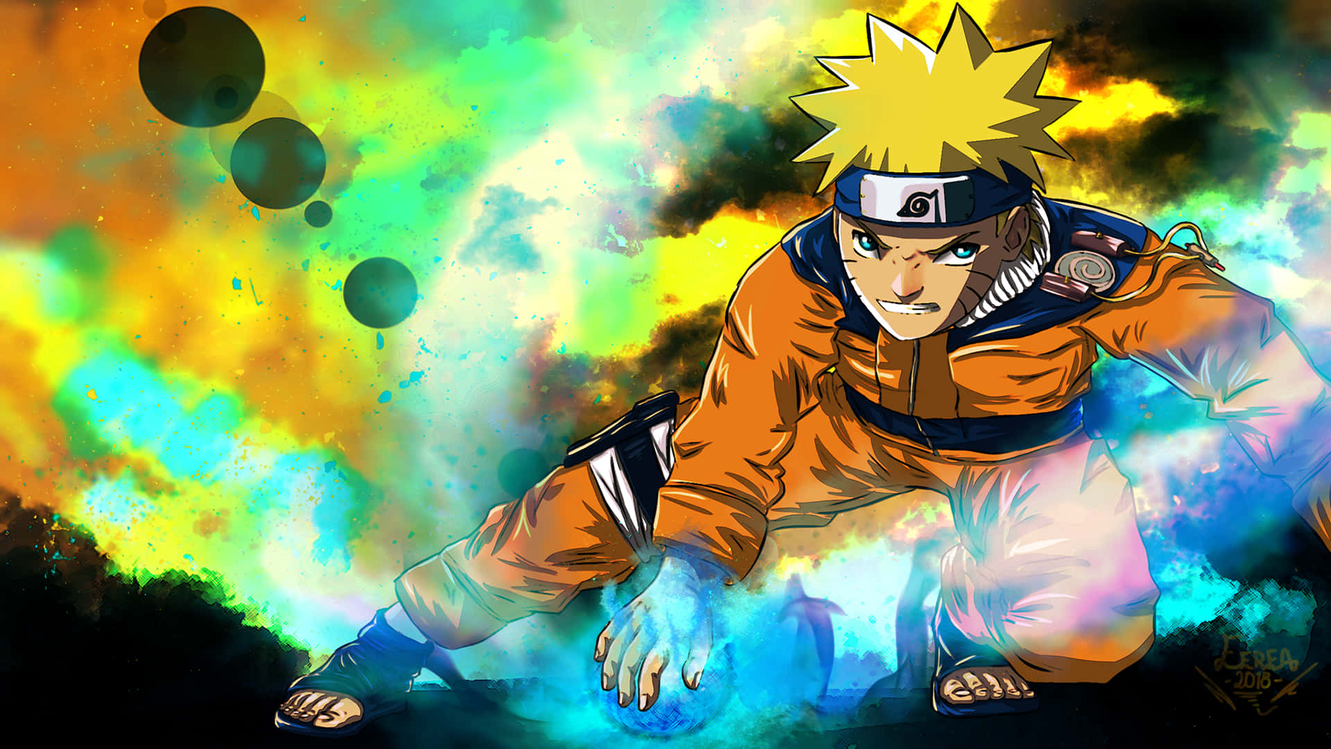 Naruto Bending Down With Rasengan Background