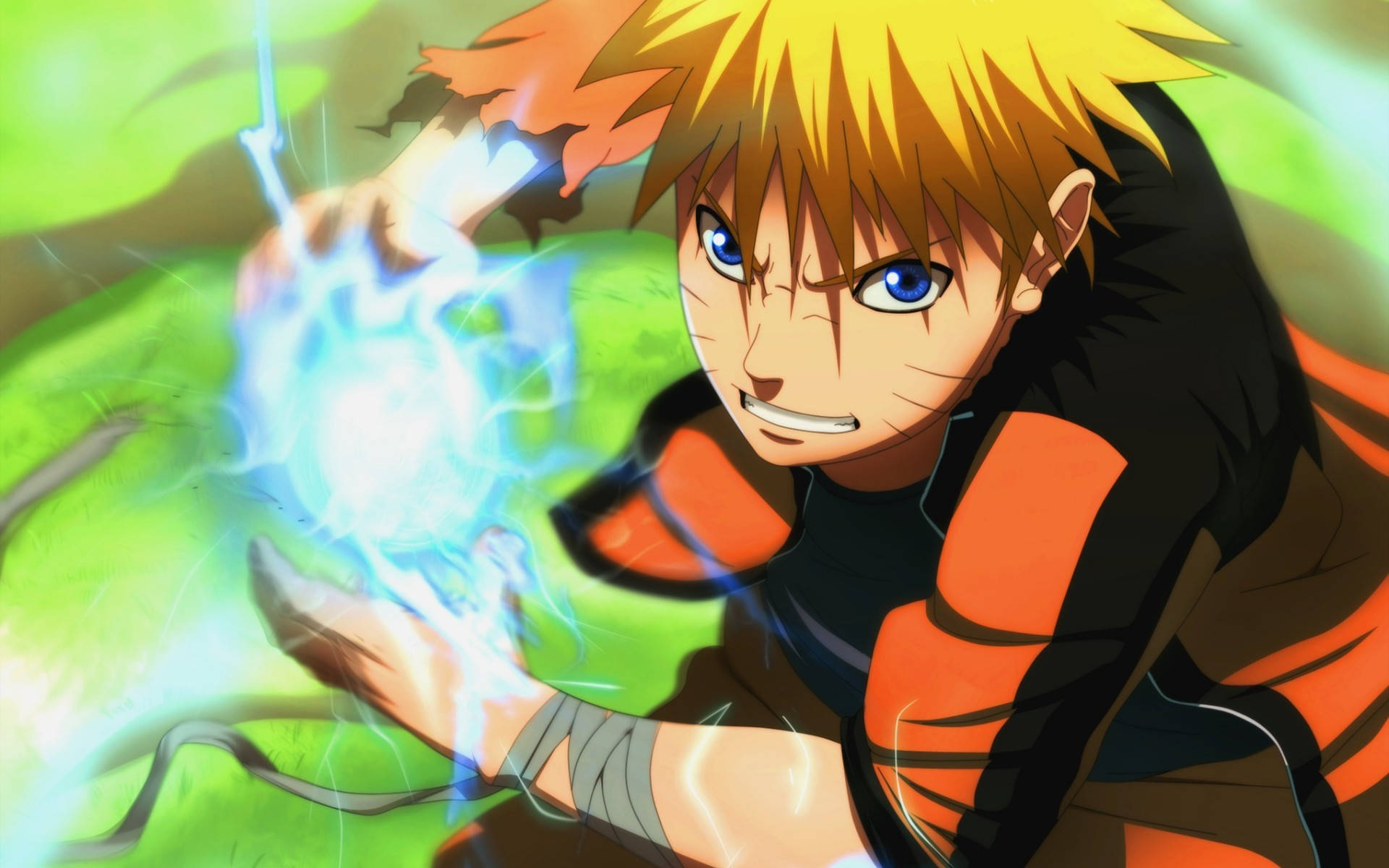 Naruto In Grassy Field Charging Up Rasengan Background