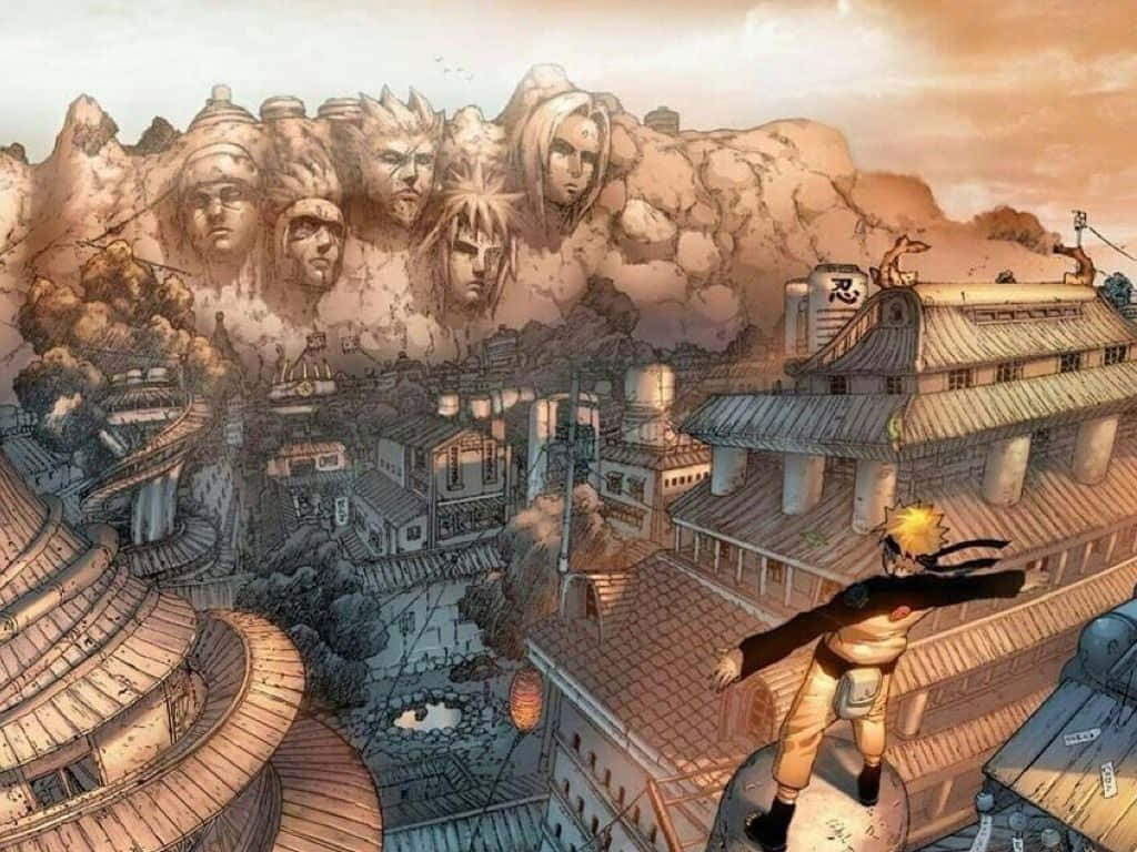 Naruto In Konoha Village And Hokage Rock Background