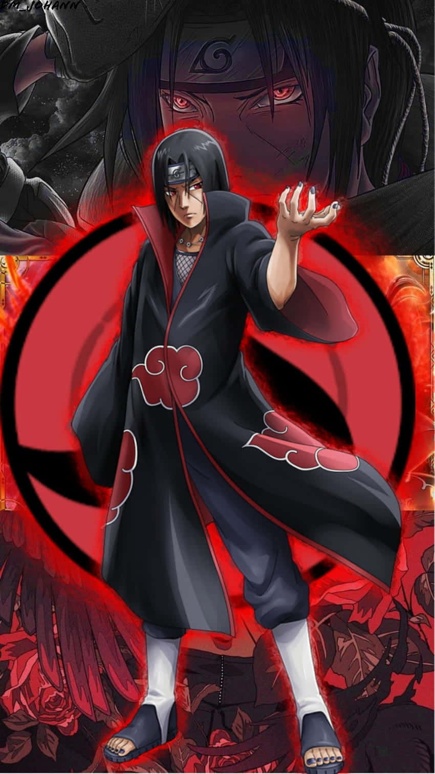 Naruto Itachi And Glowing Sharingan Symbol Background