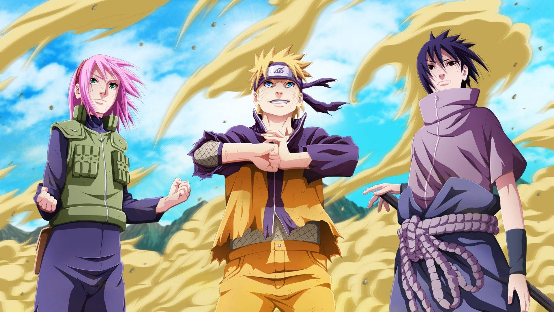 Naruto, Sakura And Sasuke On Fight Background