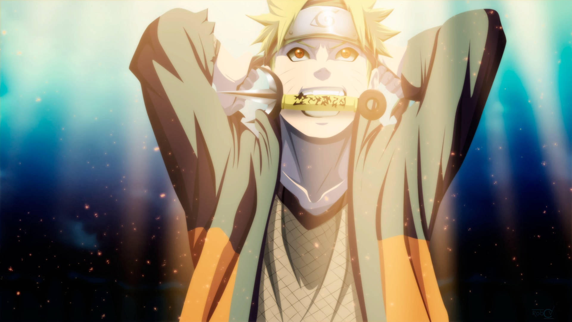 Naruto Uzumaki Biting Minato's Kunai Background
