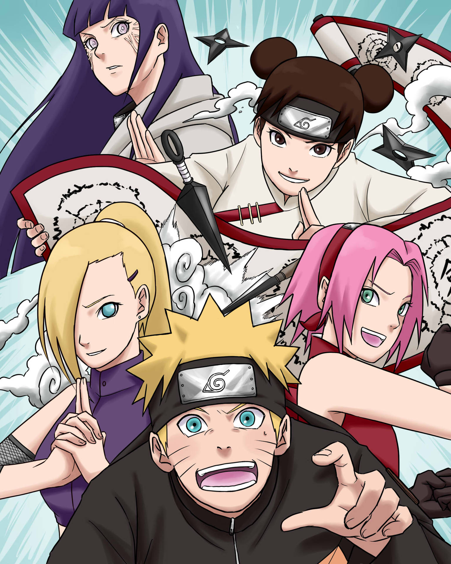 Naruto Uzumaki Posing With Iconic Female Characters From The Naruto Series Background