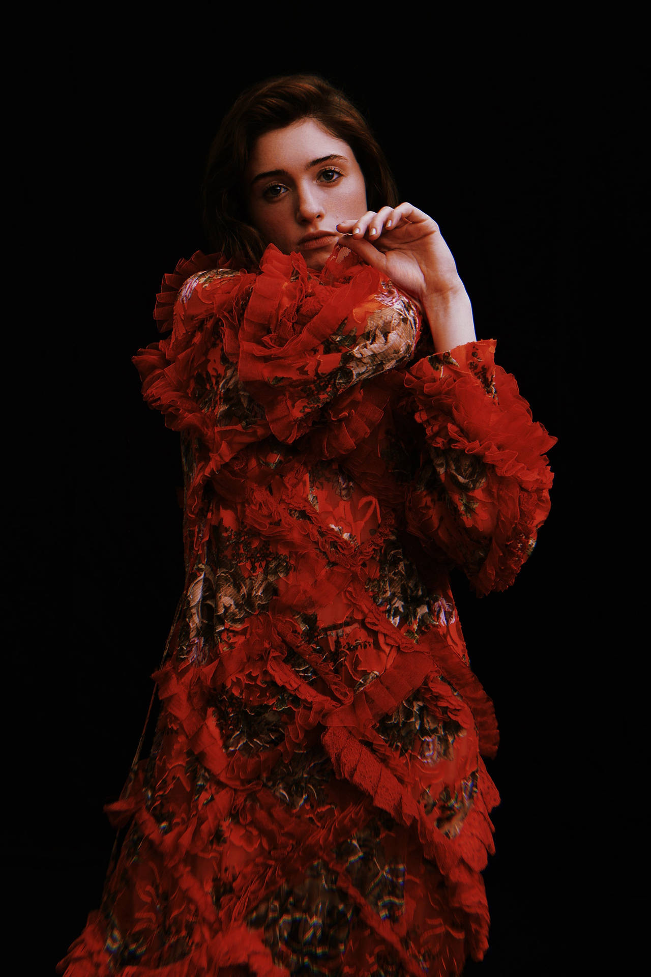 Natalia Dyer In Romantic Red Dress Background