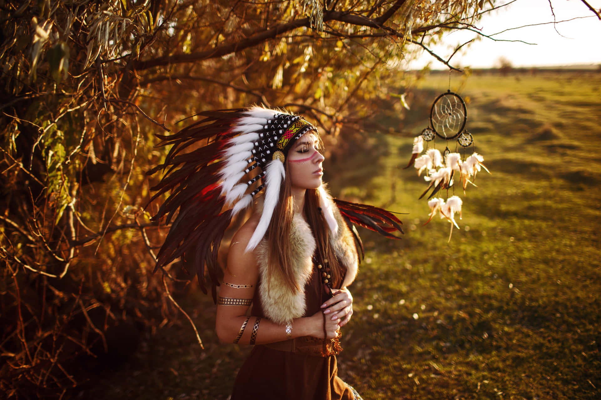 Native American Indian Proudly Standing In Traditional Clothing Background