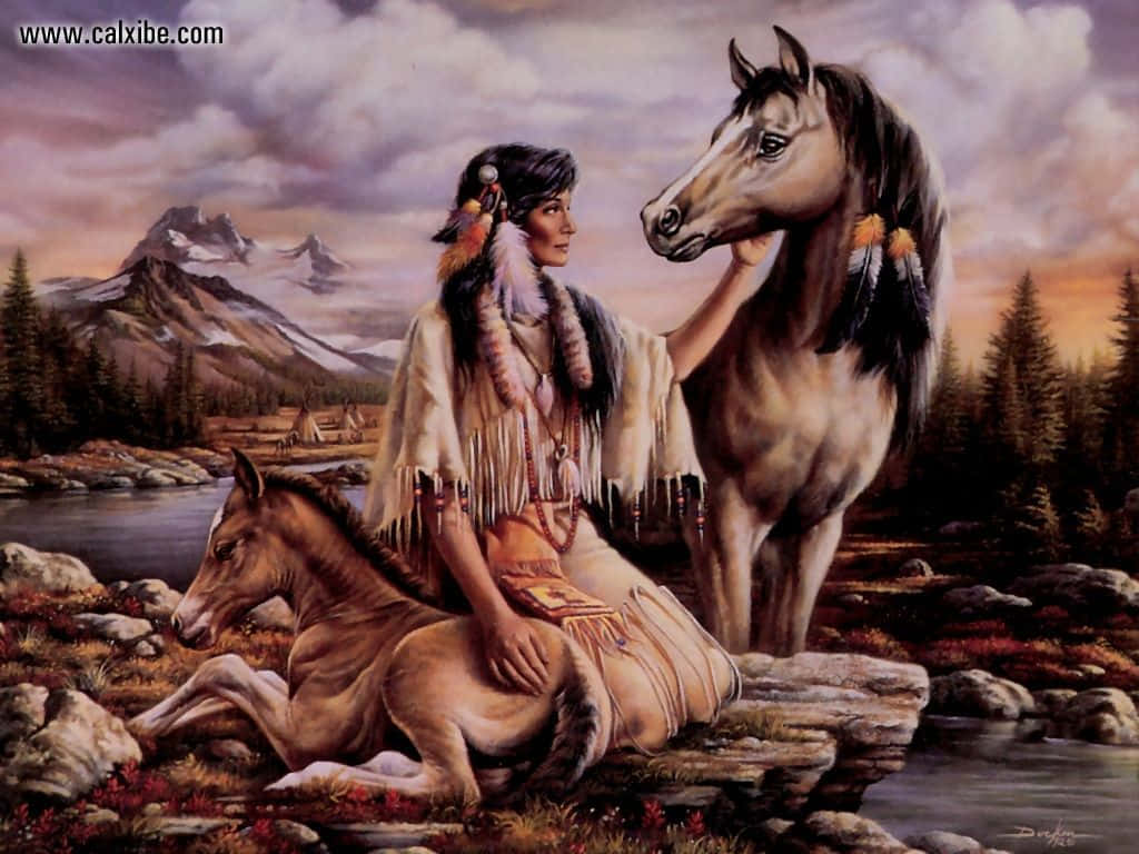 Native American Woman And Horse