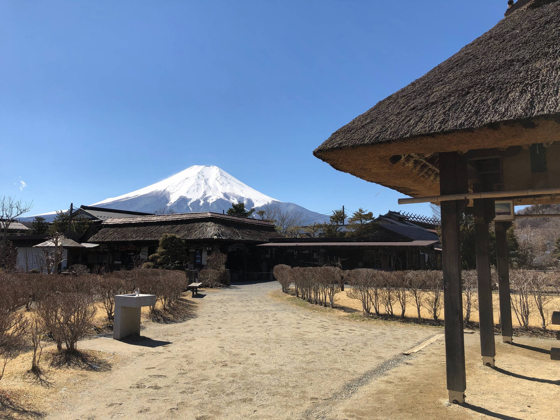 Native Huts And Mount Fuji Background
