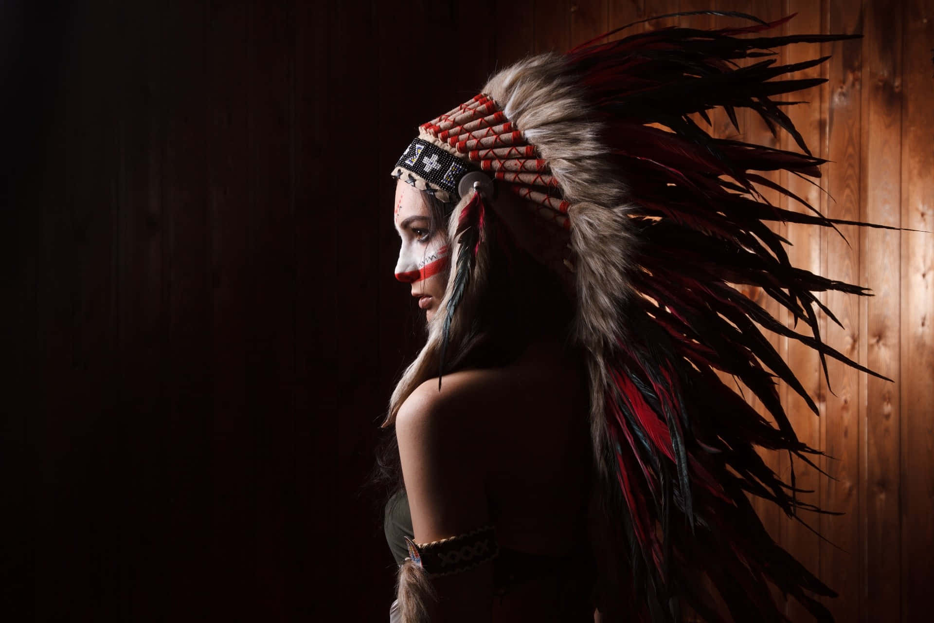 Native Model In Wooden Room Background