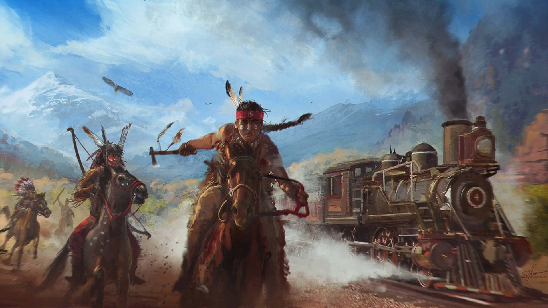 Native Riders Attacking Train