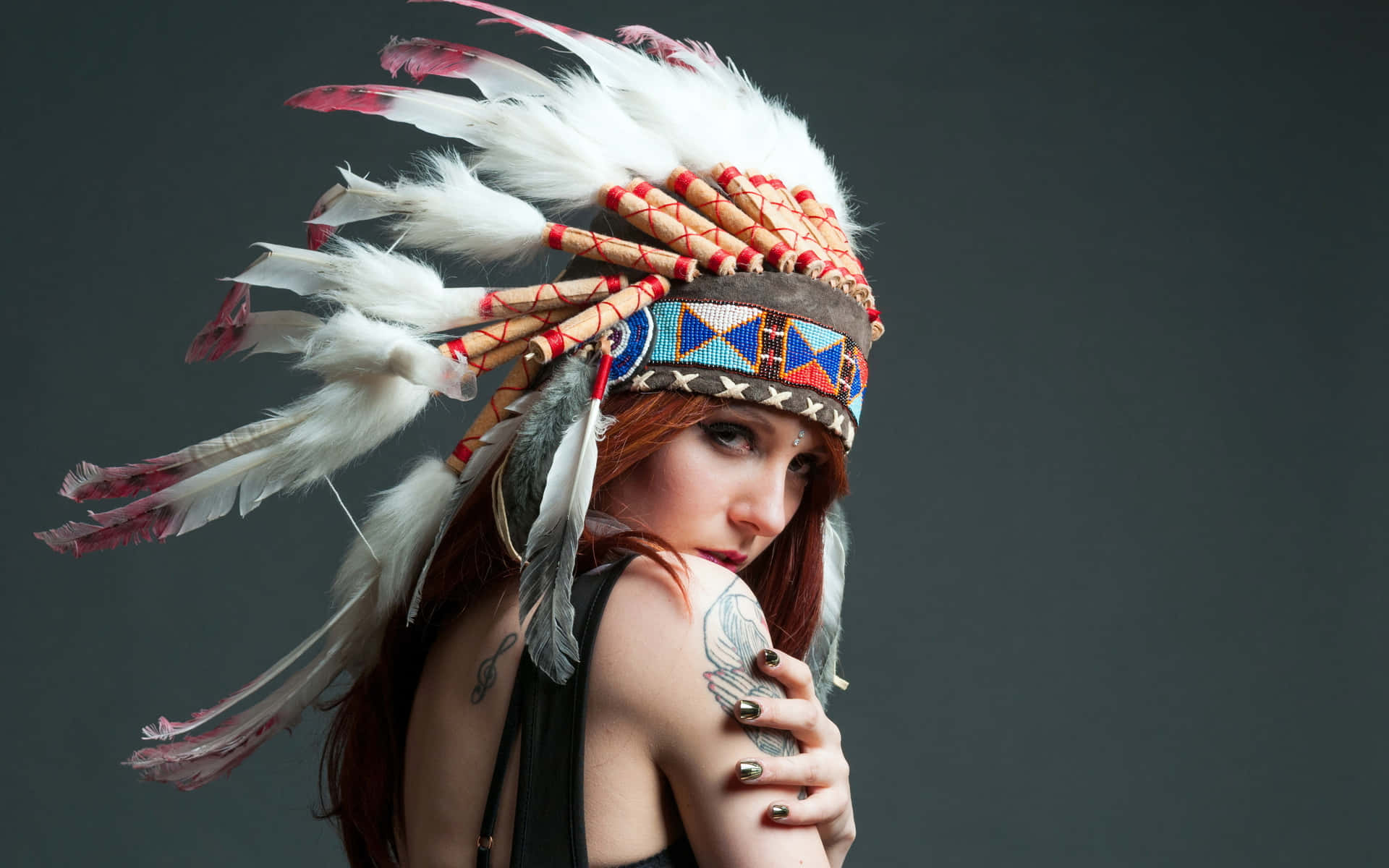 Native Tribal Model Looking Back Background