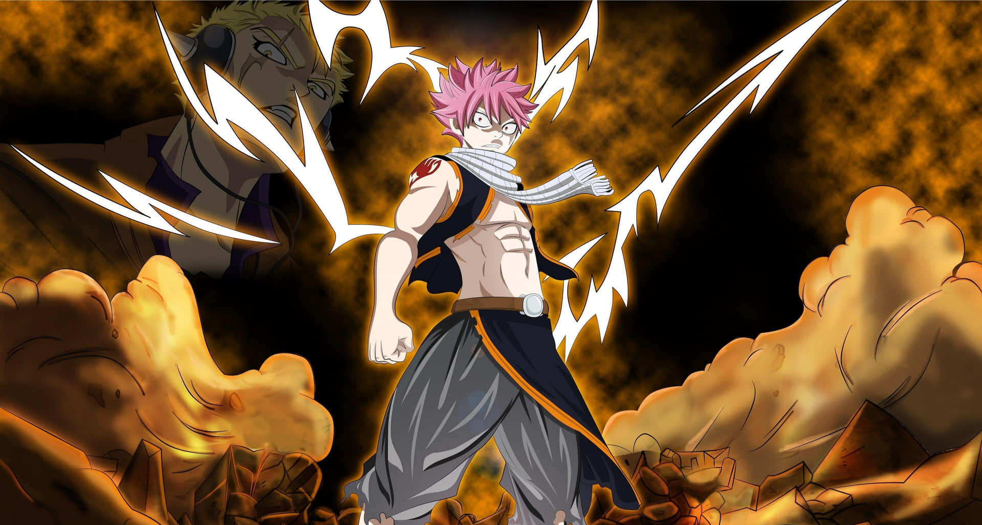 Natsu Dragneel Posing With Clenched Fists In Front Of A Fiery Background